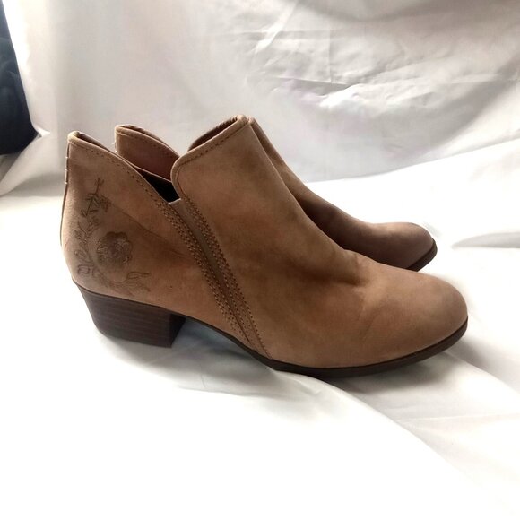Tan Suede Ankle Booties with Low Heel and Floral Embroidery Time and True Size 1 - Picture 1 of 9